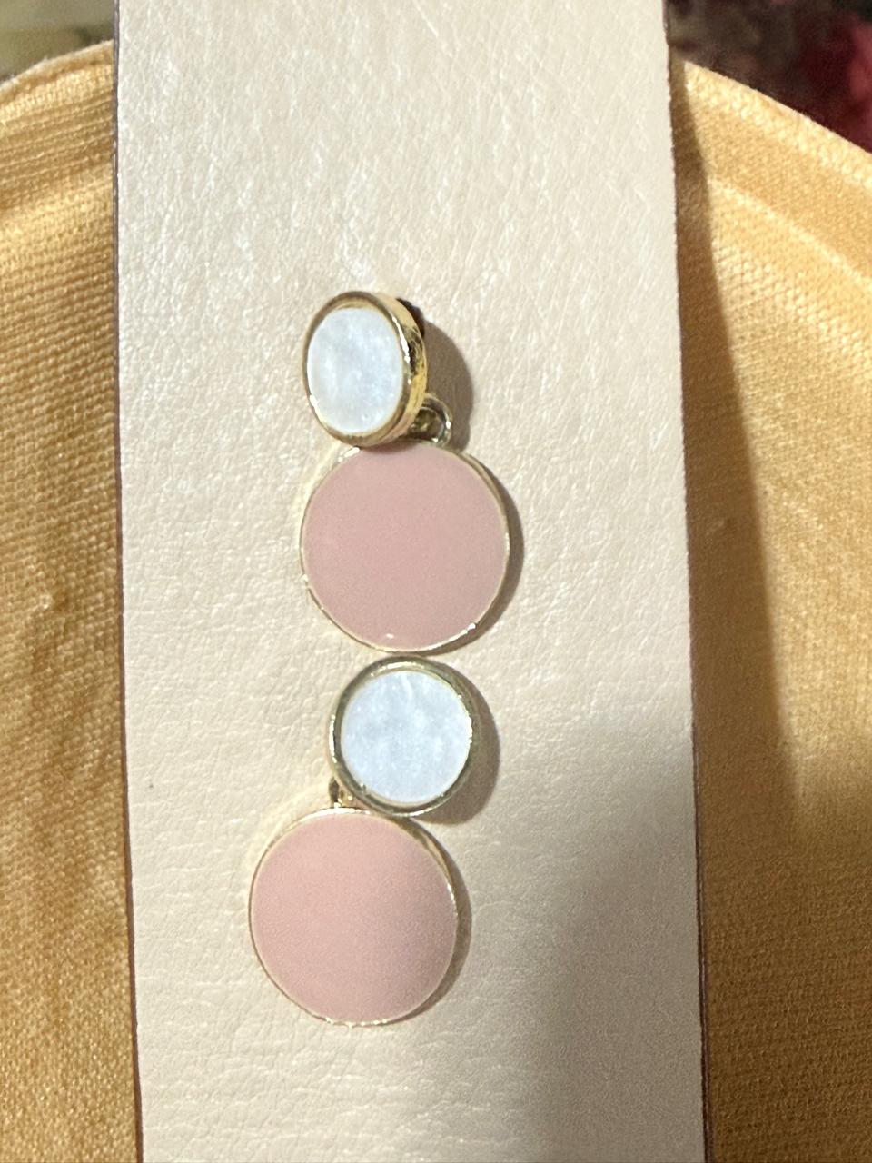 Double Circle Drop Earrings – white & Pink Enamel