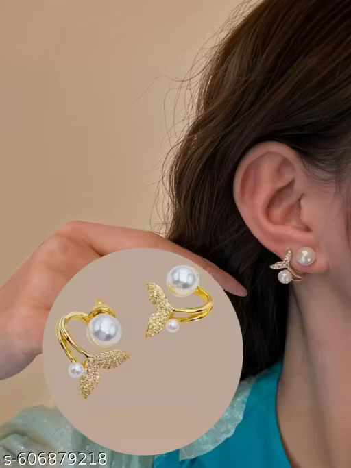 Mermaid fish tail and pearl earing with stud